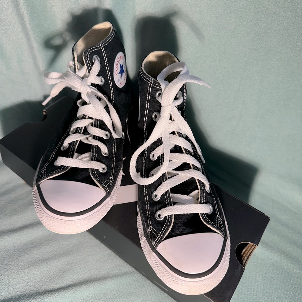 Kids Black High Top Converse size 2 with box. Gently used